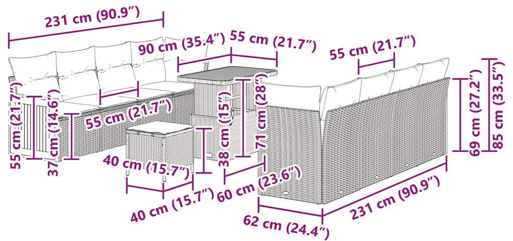 Conjunto de Sofá de Jardim vidaXL de 11 Peças com Almofadas Preto Ratt