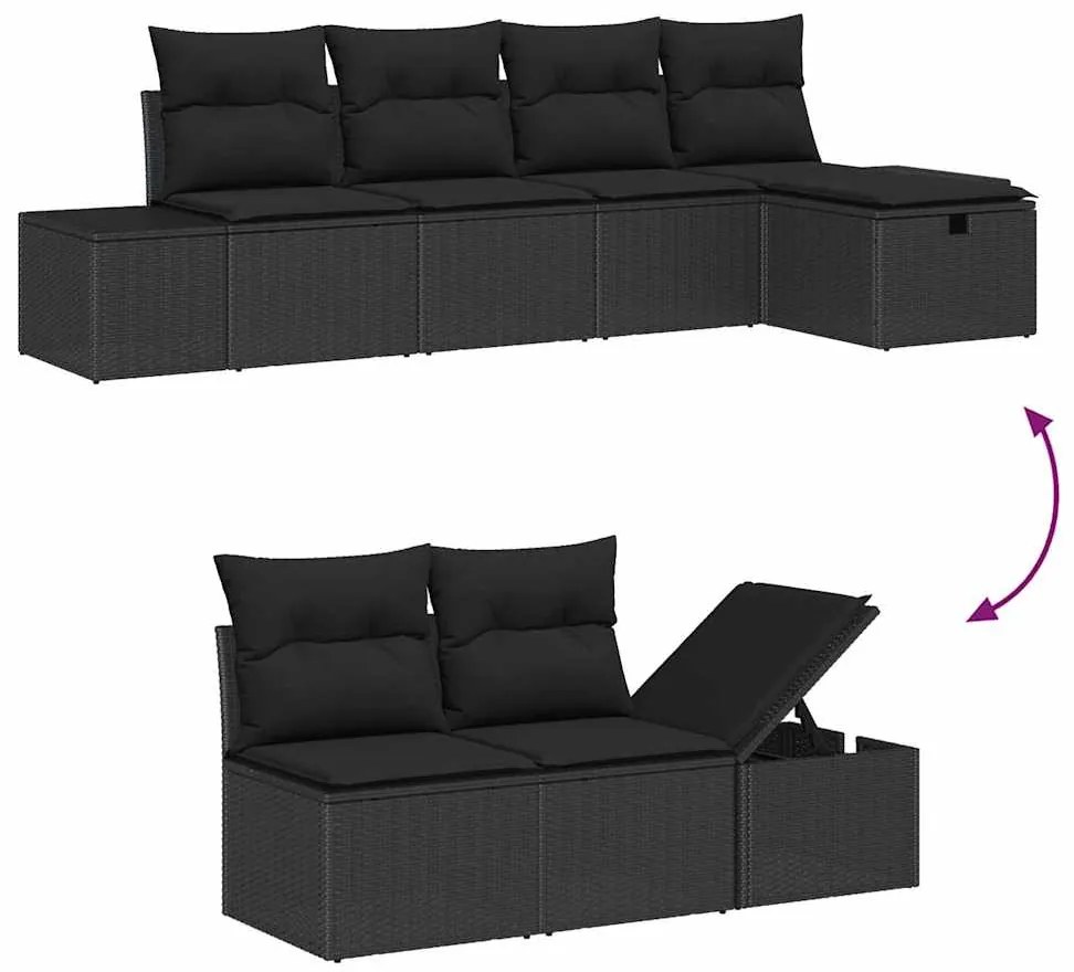 Conjunto de Sofá de Jardim de 6 Peças Com Almofadas Preto Rattan Polié