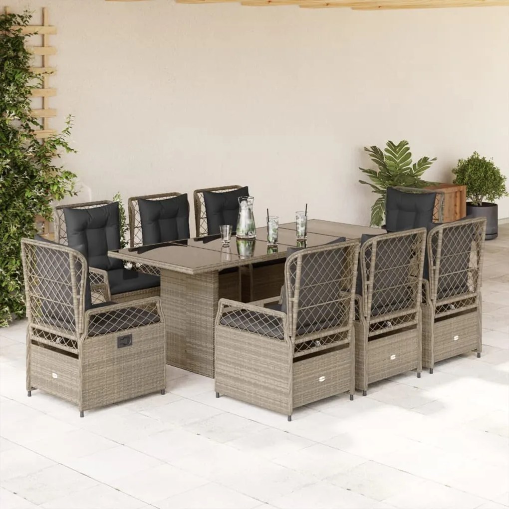 vidaXL 9 pcs conjunto de jantar p/ jardim c/ almofadões cinzento claro