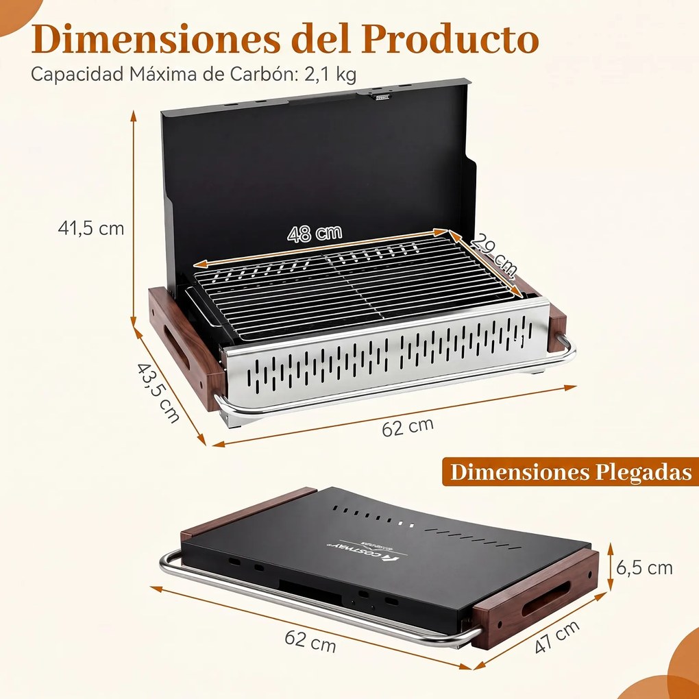 Grelhador a Carvão de Mesa Dobrável, 62 x 43,5 x 41,5 cm, Grelha Ajustável, Preto