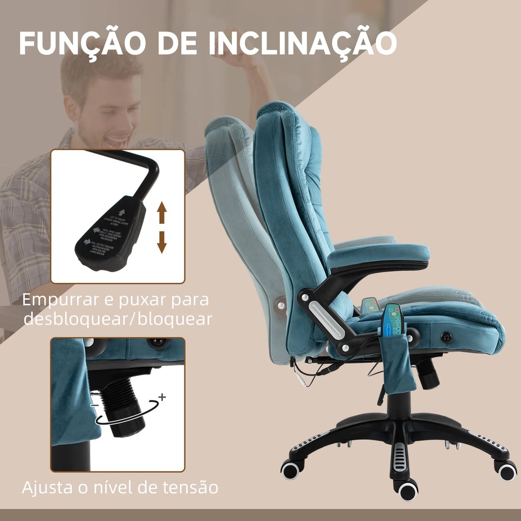 Cadeira de Escritório com 6 Pontos de Massagem Reclinável até 130° com Função de Aquecimento 68x72x110-120 cm Azul