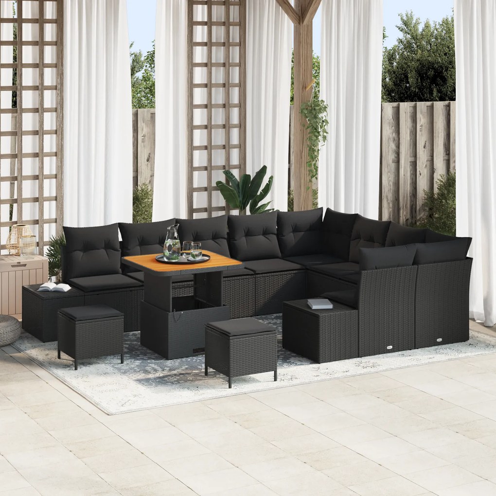 vidaXL Conjunto de Sofá de Jardim de 12 Peças com Almofadas Preto Rattan Acácia