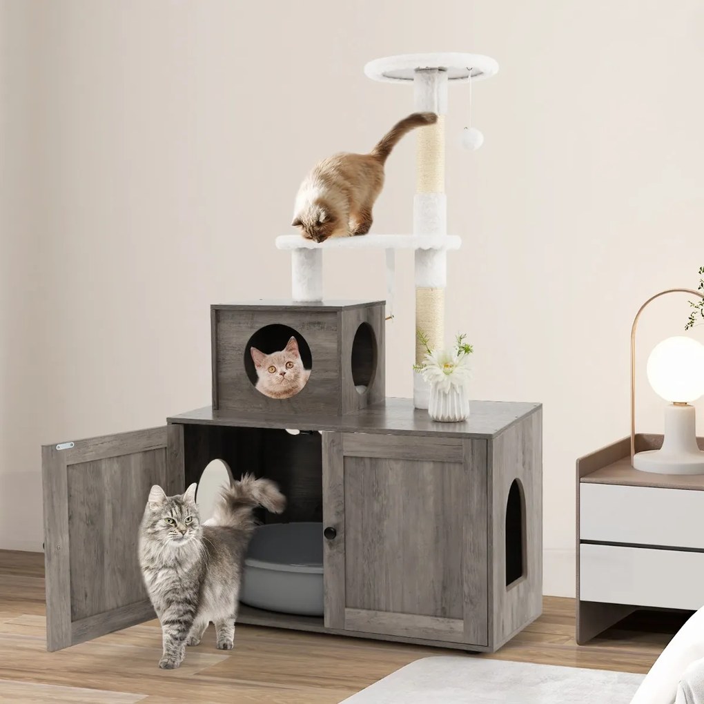Caixa de areia para Gatos 2 em 1 com arranhador para Gatos, com esconderijo e divisão 77,5 x 49 x 132 cm Cinzento
