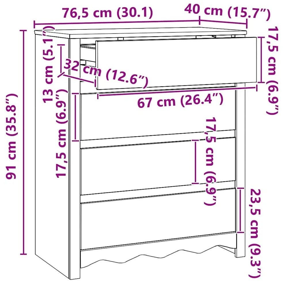 Cômoda vidaXL "DRAMMEN" Branca 76,5x40x91 cm Madeira Sólida de Pinho