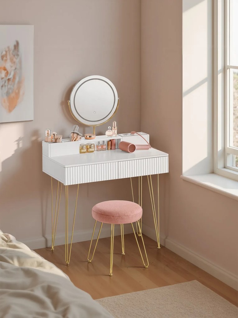 Toucador com banco 40 x 80 x 134,8 cm e iluminação com régua de tomadas branco mate-Dourado