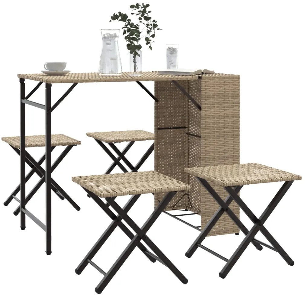 5 pcs conjunto de jantar para jardim dobrável vime PE bege