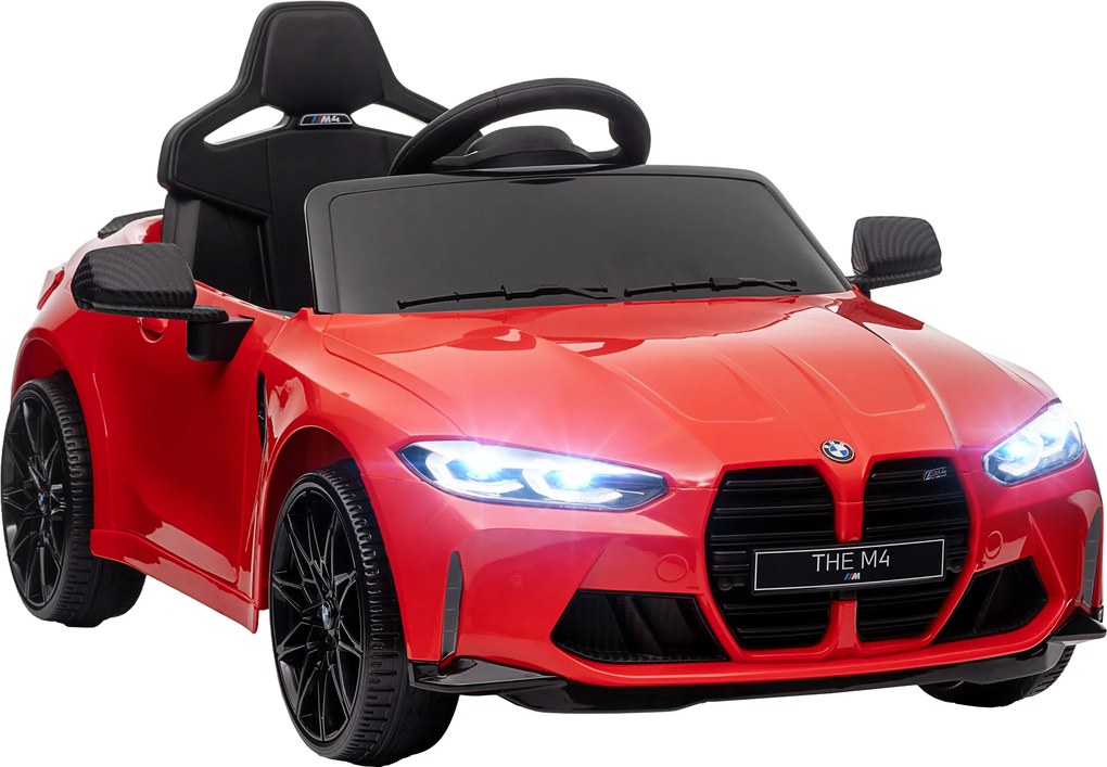 AIYAPLAY Carro elétrico infantil BMW M4, Som &amp; Luz, 3-5 km/h, incl. controle remoto, para 3-5 anos, Vermelho | Aosom Portugal