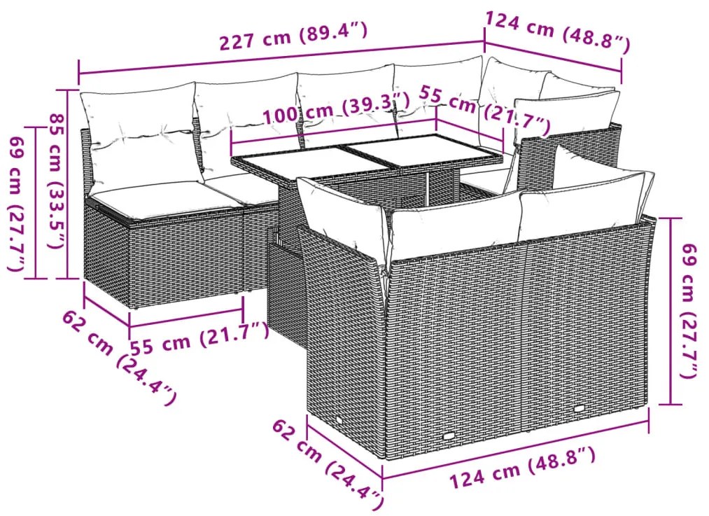 8 pcs conjunto sofás de jardim c/ almofadões vime PE cinzento