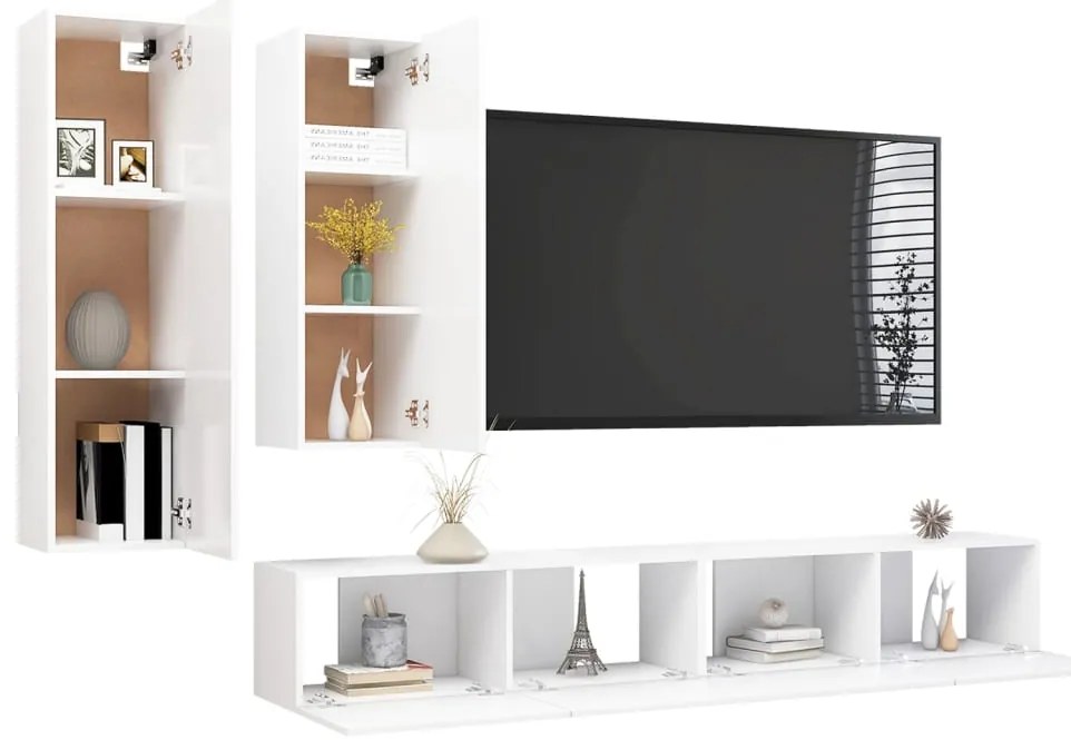 4 pcs conjunto de móveis de TV derivados de madeira branco