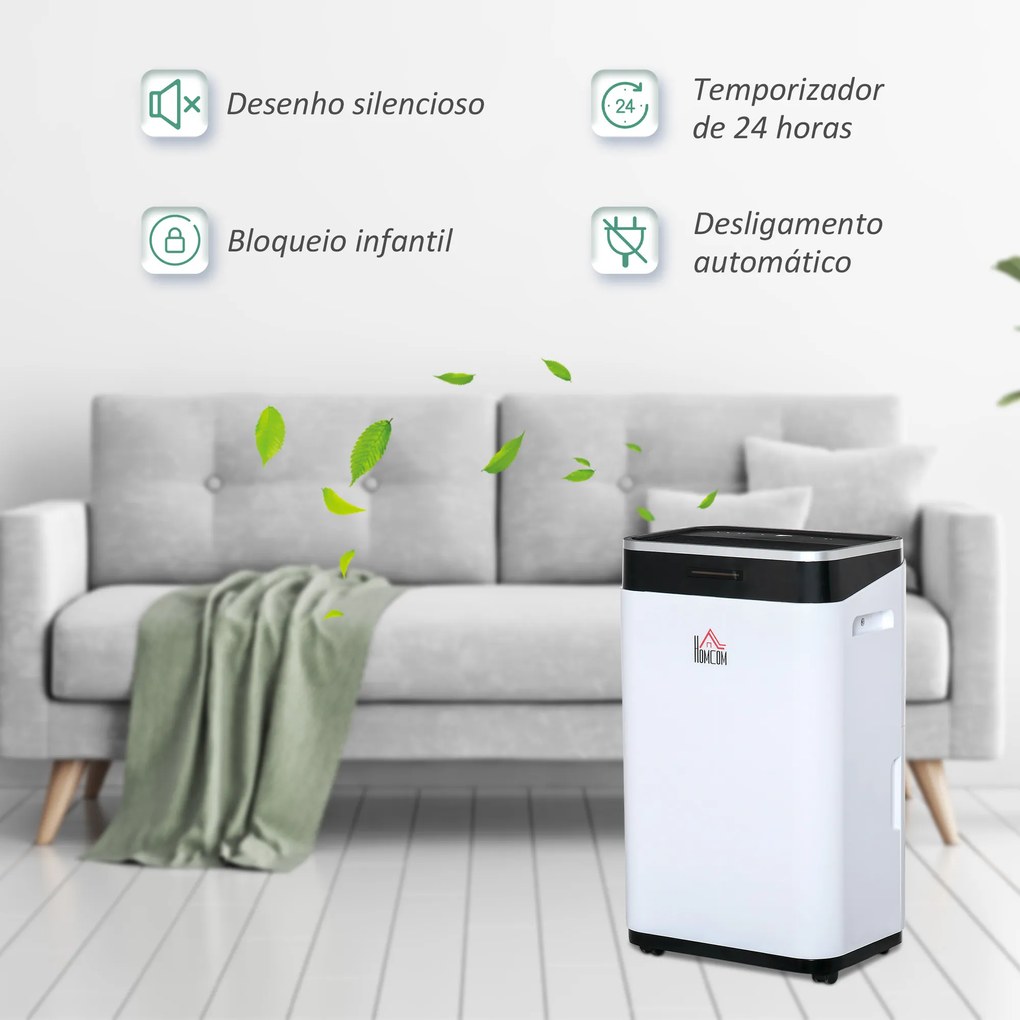 HOMCOM Desumidificador Elétrico 6,5L 20L/Dia com 3 Modos 2 Velocidades Tela LED Luzes Indicadoras Temporizador e Rodas Silencioso para Casa 34x24x57cm Branco