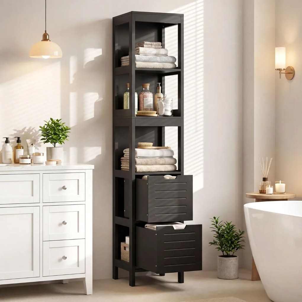 Armário para casa de banho 30,5 x 30,5 x 144 cm com 2 gavetas e 3 estantes Preto