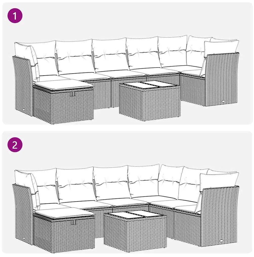8 pcs conj. sofás jardim c/ almofadões vime PE cinzento-claro