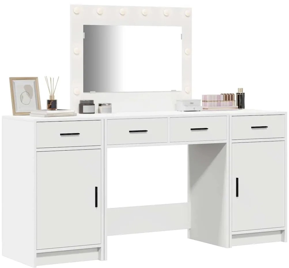 Conjunto de Mesa de Maquilhagem de 3 Peças com LED, Madeira Branca