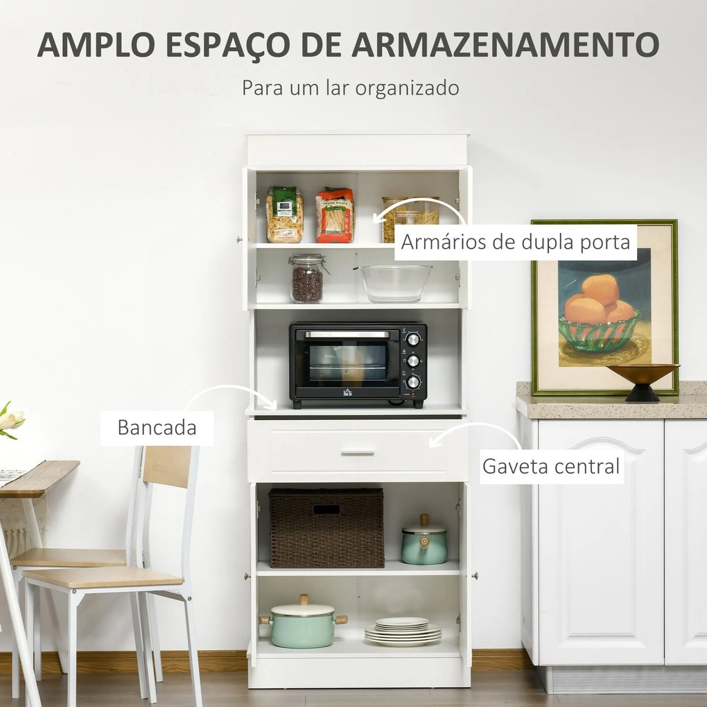 Armário de Cozinha Armário Alto de Cozinha com 1 Gaveta 4 Portas e Prateleiras Interiores Ajustáveis Móvel Auxiliar para Sala de Jantar Sala de Estar