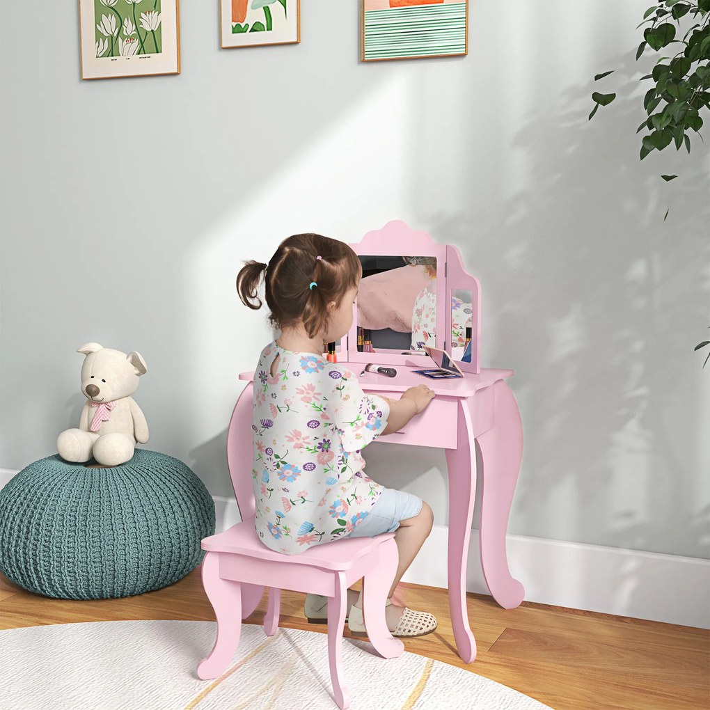 Toucador Infantil de Madeira com Banco e Espelho de Acrílico de 2 Seções Mesa de Maquilhagem Infantil 63x40x85,5 cm Rosa