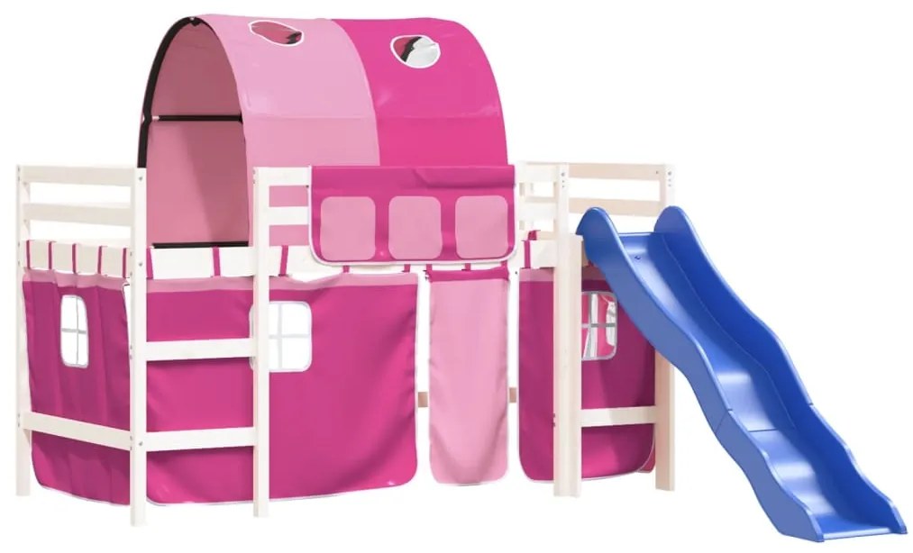 Cama alta para criança com túnel 80x200 cm pinho maciço rosa