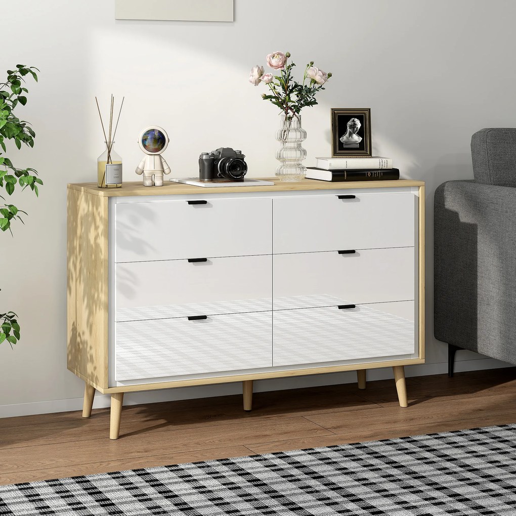 Cómoda 6 Gavetas 110x40x75 cm Quarto com Pernas de Madeira Estilo Moderno  Branco Brilhante e Carvalho