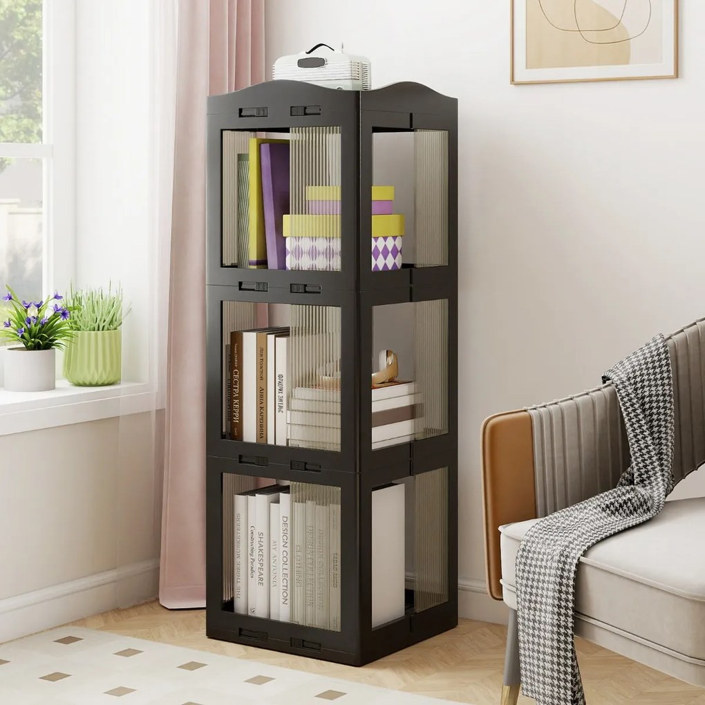 Estante com base giratória giratória 360° com 3 níveis em Plástico dobrável 36,5 x 36 x 108 cm com prateleiras Preta