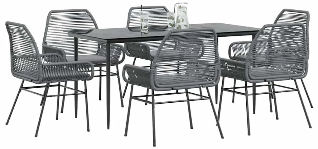 Conjunto jantar jardim 7 peças almofadas vidro vime cinzento PE