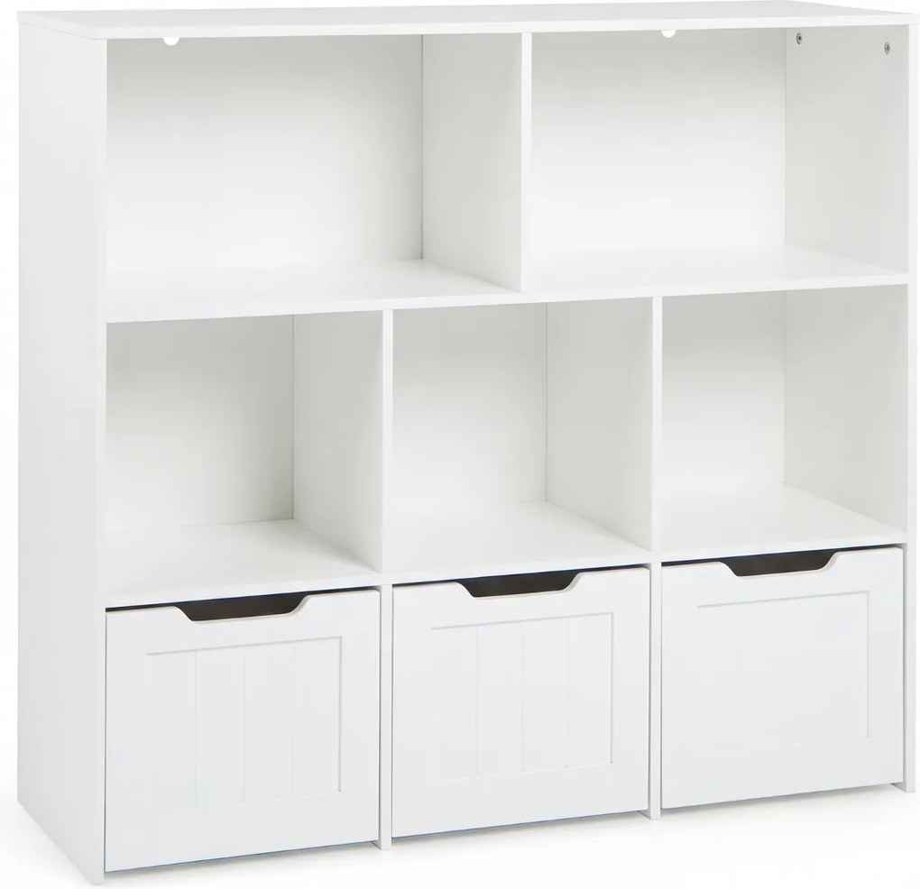 Estante infantil para brinquedos 100 x 33 x 90 cm com 5 compartimentos abertos e 3 gavetas móveis – Organizador de brinquedos com rodas para sala de j