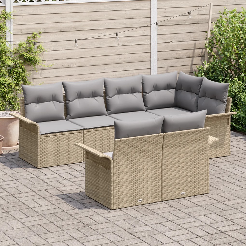 Conjunto de Sofás de Jardim de 7 Peças com Almofadas Bege Rattan Poliw