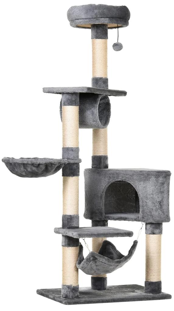 PawHut Árvore arranhador para gatos  154 cm de altura com plataformas túnel rede e postes de de sisal cinza | Aosom Portugal