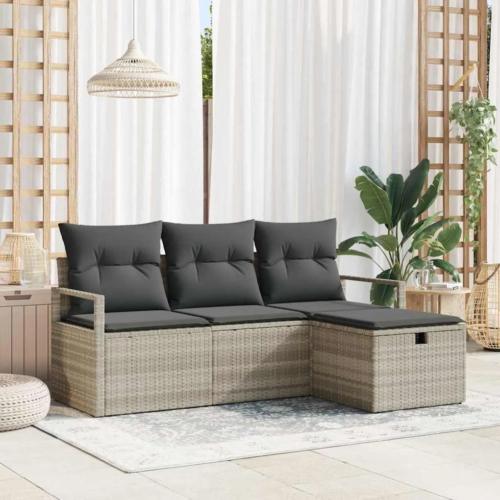vidaXL Conjunto de Sofá de Jardim de 4 Peças com Almofadas Cinza Claro em Rattan e Poliéster