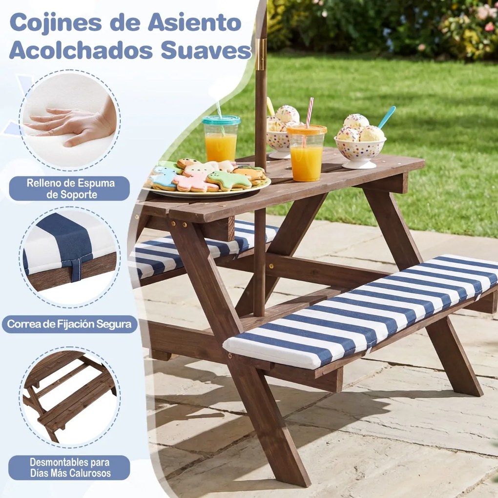 Conjunto de mesa de piquenique para crianças com 2 bancos de madeira, guarda-sol dobrável e ajustável, almofadas para uso interior e exterior, azul-ma