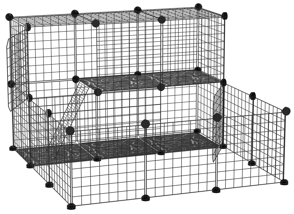 Cerca para Pequenos Animais DIY com 24 Painéis Parque para Animais de Estimação com Grade Metálica Gaiola Modular para Coelhos Chinchilas 105x105x70cm