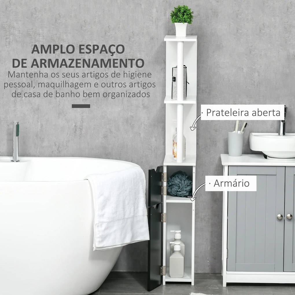 kleankin Armário Casa de Banho com 2 Portas e 2 Prateleiras Abertas Coluna Auxiliar para Casa de Banho Sala de Estar Dormitório Estilo Moderno 15,2x29,8x118cm Branco e Preto