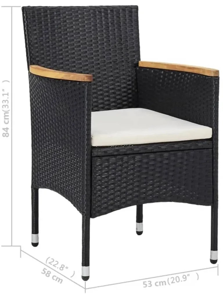3 pcs conjunto jantar p/ jardim vime PE e madeira maciça preto