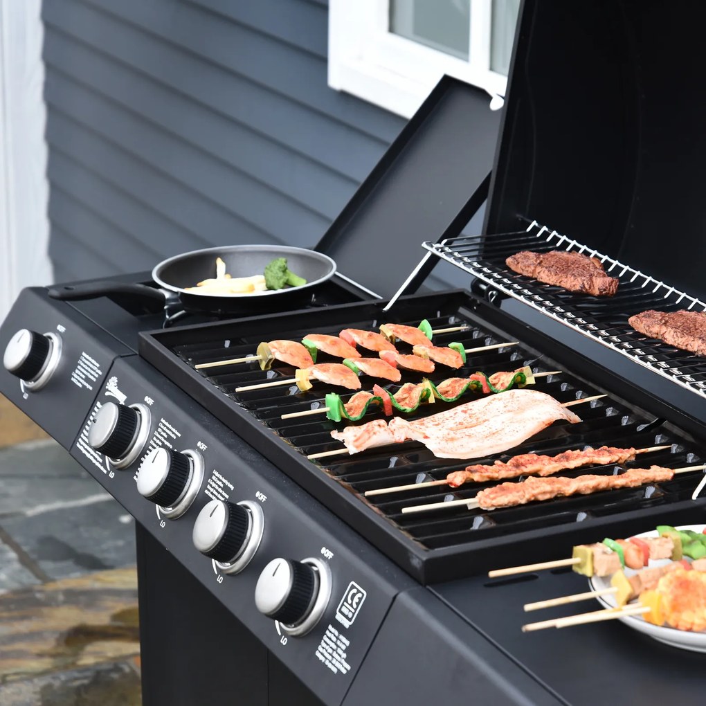 Outsunny Barbecue a Gás com 4+1 Queimadores 14,4KW Mesas Laterais Armário de Armazenamento Termômetro e 2 Rodas Aço Inoxidável 125x51x100cm Preto