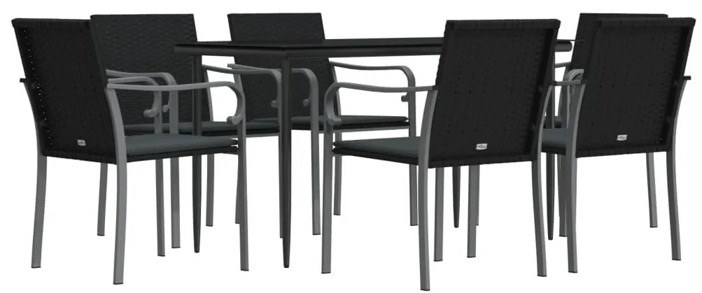 7 pcs conjunto de jantar p/ jardim c/ almofadões vime PE e aço