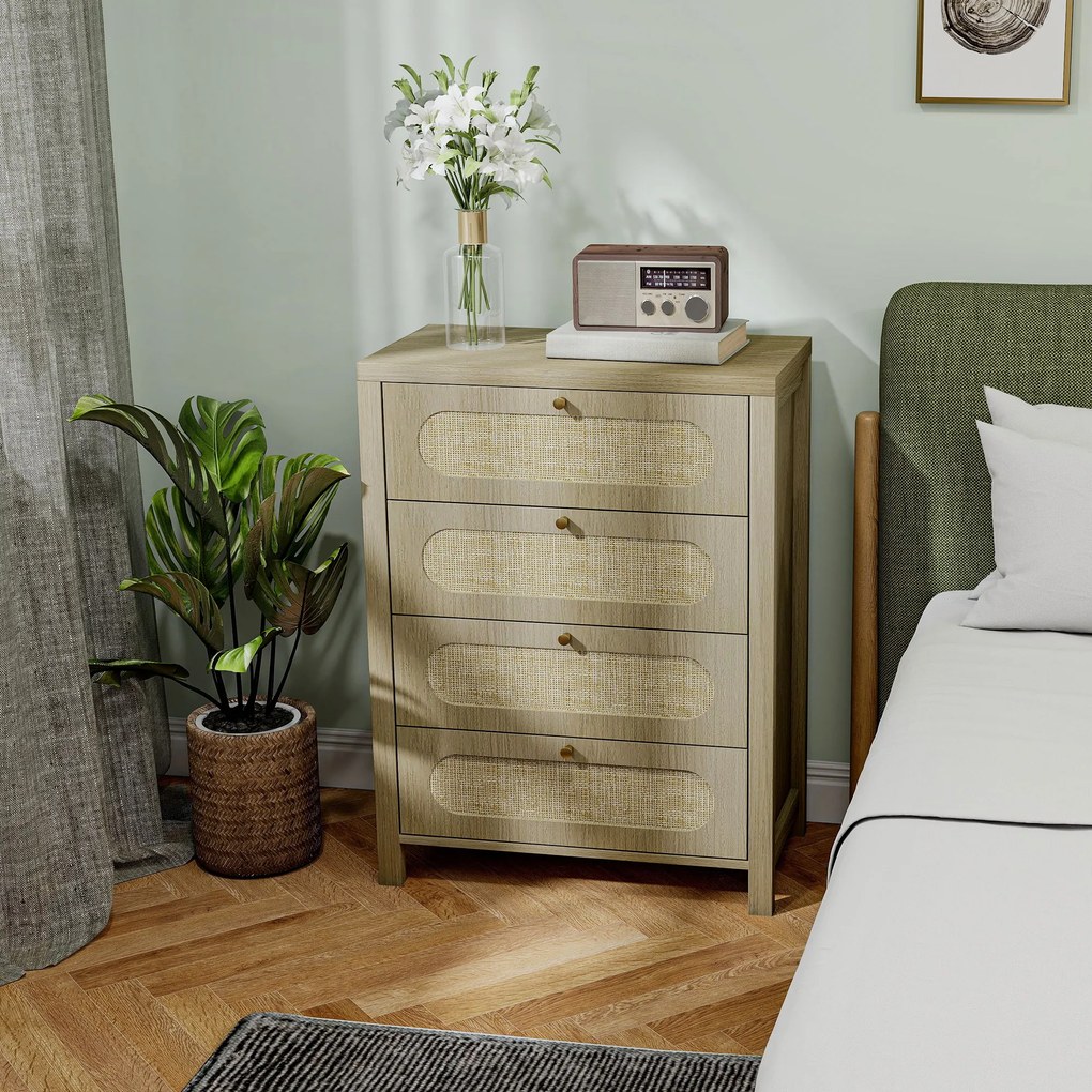 Cómoda com 4 gavetas, móvel de arrumação de estilo boémio com portas em resina trançada, 70 x 38 x 93 cm, efeito de madeira natural