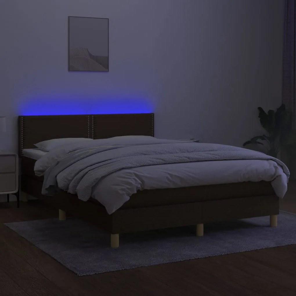 Cama box spring c/ colchão/LED 140x200cm tecido castanho-escuro