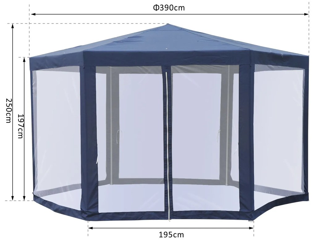 Carpa Gazebo tipo Tolde Hexagonal com Mosquiteira para Jardim e Terraço φ3.9m Material de Poliéster Repelente à Água