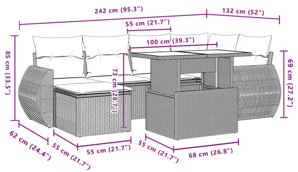 7 pcs conjunto de sofás p/ jardim com almofadões vime PE bege