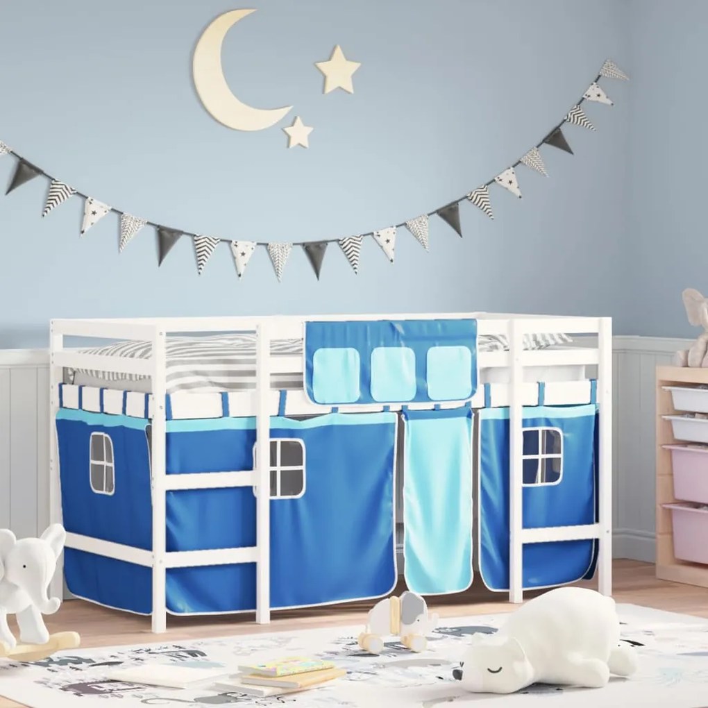 vidaXL Cama alta p/ criança c/ cortinas 80x200 cm pinho maciço azul