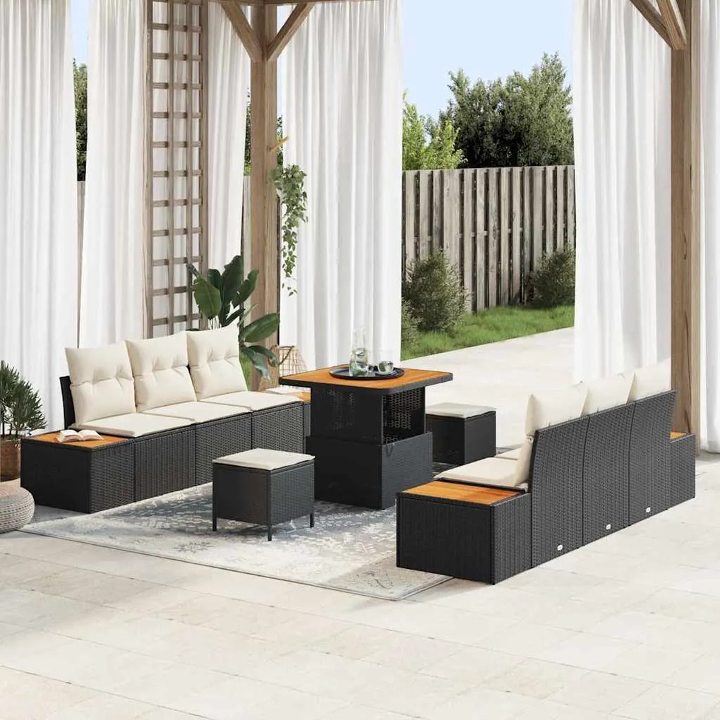vidaXL Conjunto de Sofás de Jardim de 9 Peças com Almofadas Pretas de Rattan Sintético e Acácia