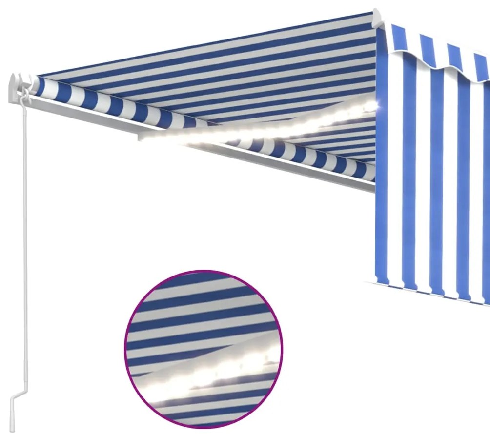 Toldo retrátil manual com estore/LED 4x3 m azul e branco