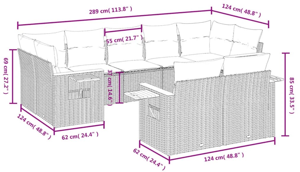 9 pcs conjunto de sofás p/ jardim com almofadões vime PE bege