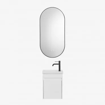 Conjunto De Móvel De Casa De Banho Suspenso Em Madeira Com Lavatório Integrado Narek Branco & Ovale Led E Antifog Preto 50x100 Cm - Sklum