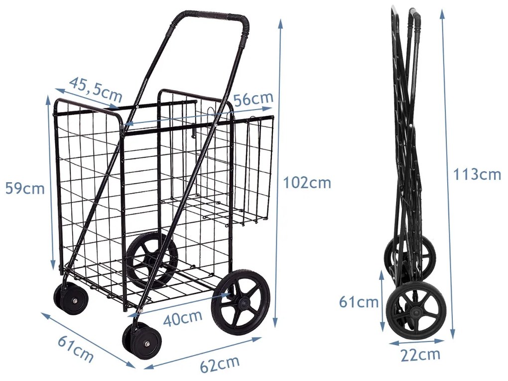 Carrinho de Compras Duplo Portátil com Rodas Giratórias Cesto Metálica Dupla para Roupa Bagagem de Alimentos 61 x 62 x 102 cm Preto