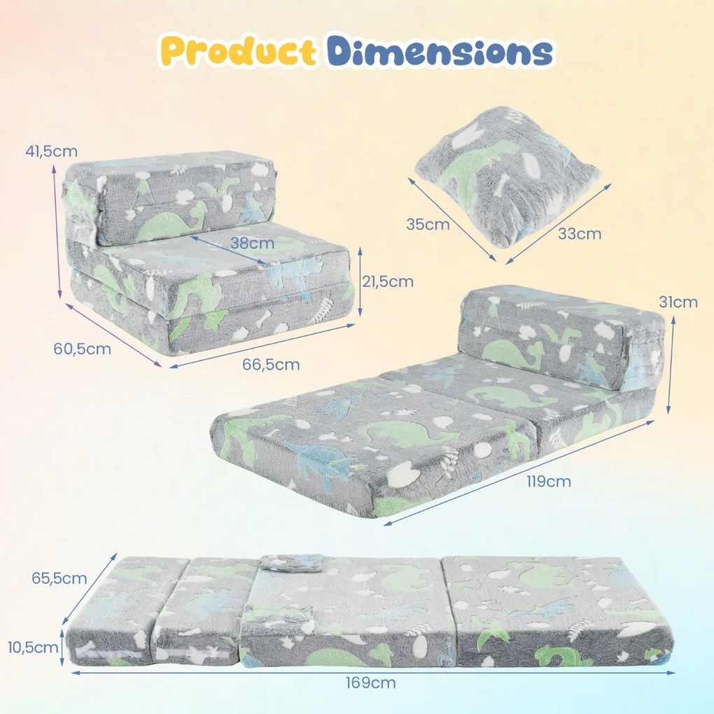 Sofá-cama para crianças  dobrável 3 em 1 com capas laváveis com fecho e almofada adicional desenhos de unicórnios cinzentos