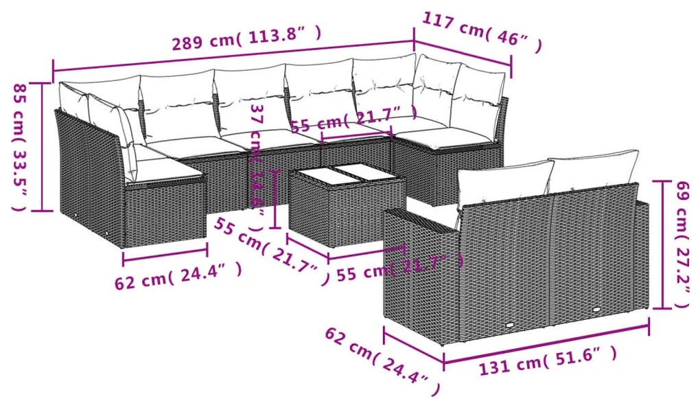 10 pcs conjunto sofás de jardim c/ almofadões vime PE preto
