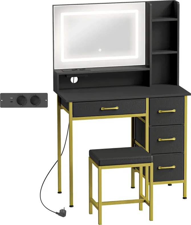 Toucador de Maquilhagem com Espelho, Luzes LED Estação de Carregamento 4 Gavetas e Banco 88x40x134 cm Preto
