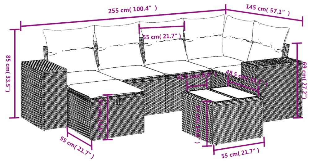 7 pcs conj. sofás jardim c/ almofadões vime PE bege misturado