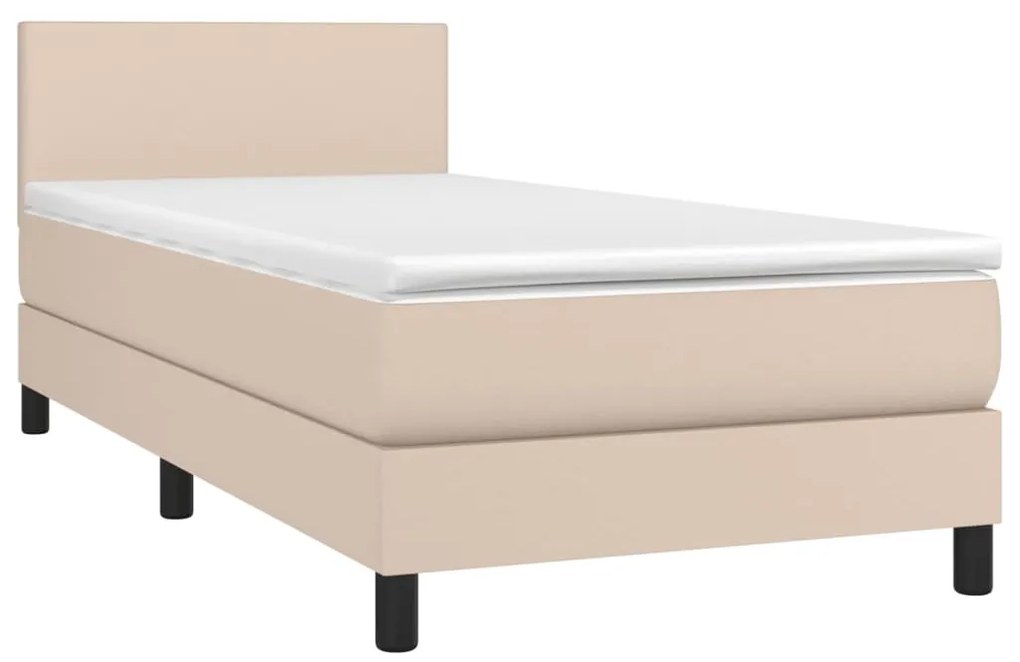 Cama box spring c/ colchão/LED 90x190cm couro artif. cappuccino