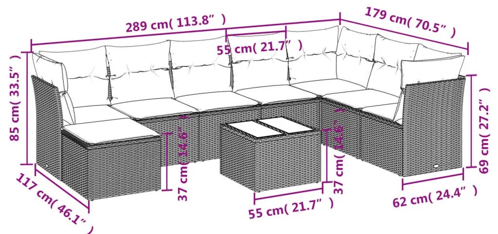 9 pcs conj. sofás jardim com almofadões vime PE cinzento-claro