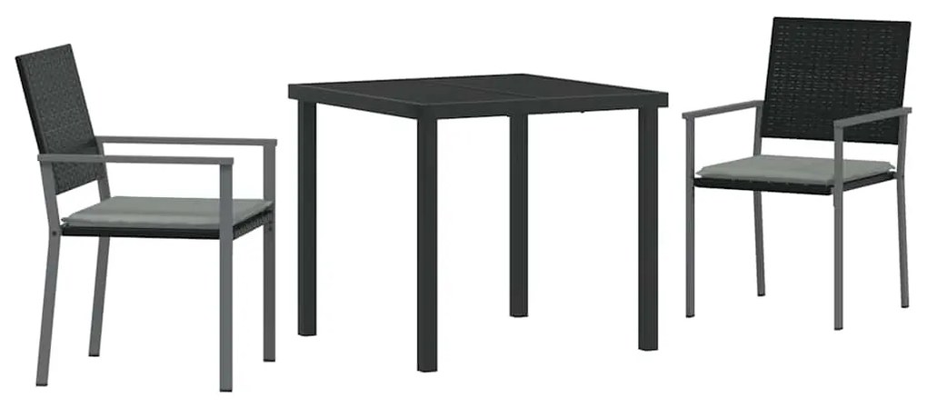 Conjunto de Jantar de Jardim 3 Peças com Almofadas Preto Rattan Poliés